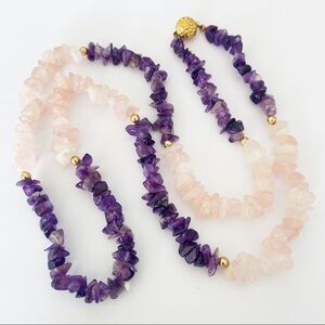 Vintage amethyst and rose quartz gold gem stone necklace 32”